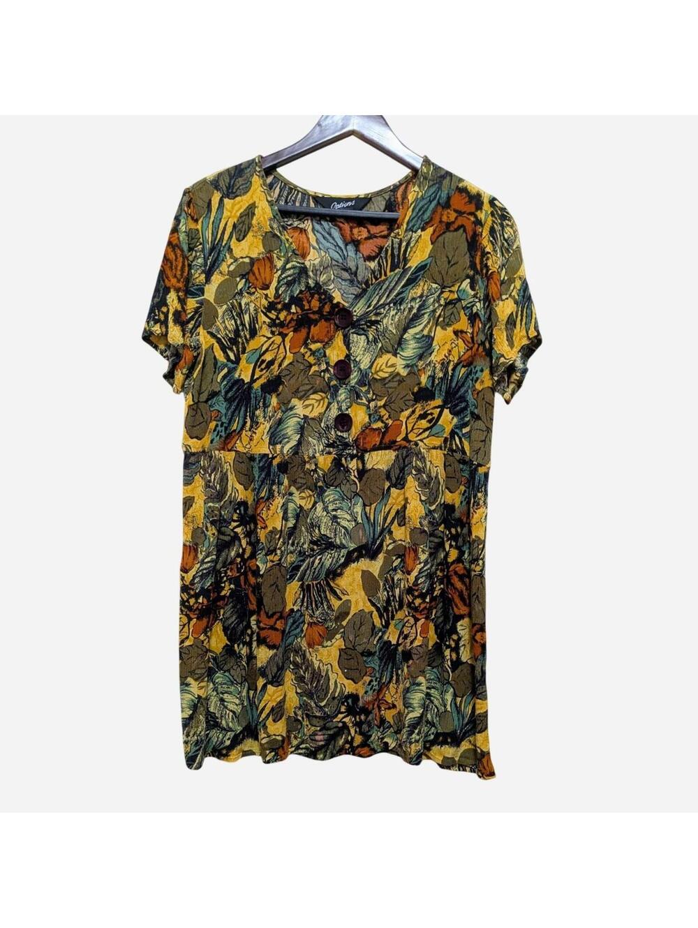 1990s Options Melrose LA Boutique Botanical Print Babydoll Button Mini Dress M/L